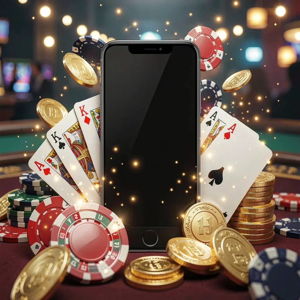JILI876 mobile gaming application concept featuring a smartphone surrounded by playing cards, roulette chips, gold coins, and sparkling lights in a premium casino style