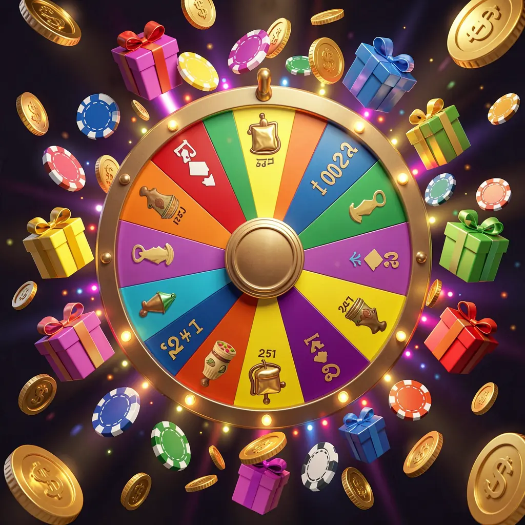 JILI876 online casino bonus wheel with colorful prize wheel surrounded by golden coins, chips, and gift boxes, glowing casino lights creating an exciting jackpot atmosphere on a dark background