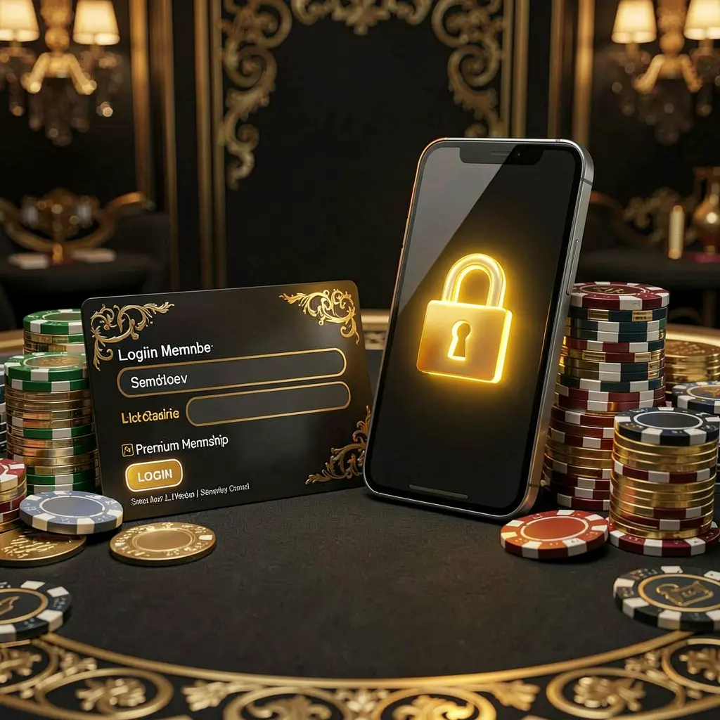 JILI876 casino member login concept showing a premium membership card beside a smartphone with a glowing lock symbol, poker chips and coins on a black and gold luxury background in a realistic 3D illustration