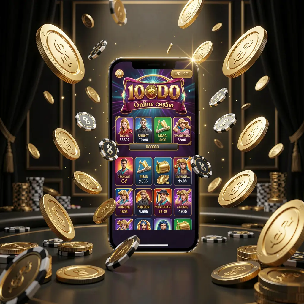 JILI876 modern online casino main page on smartphone with glowing gaming interface, flying coins and chips in a black and gold luxury atmosphere, realistic 3D illustration